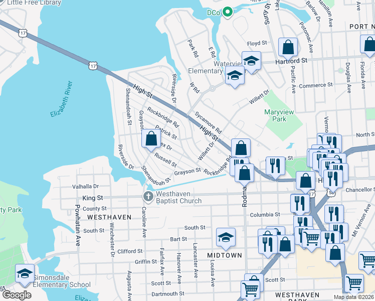map of restaurants, bars, coffee shops, grocery stores, and more near 315 Rockbridge Road in Portsmouth