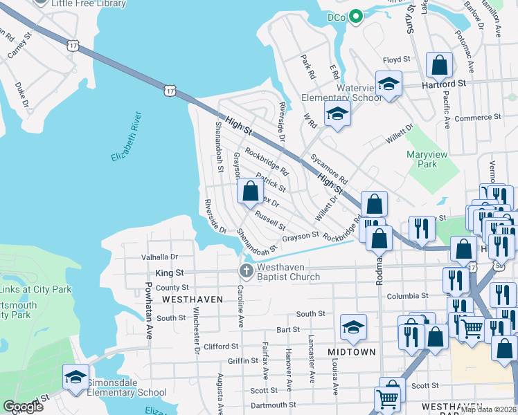 map of restaurants, bars, coffee shops, grocery stores, and more near 426 Sussex Drive in Portsmouth
