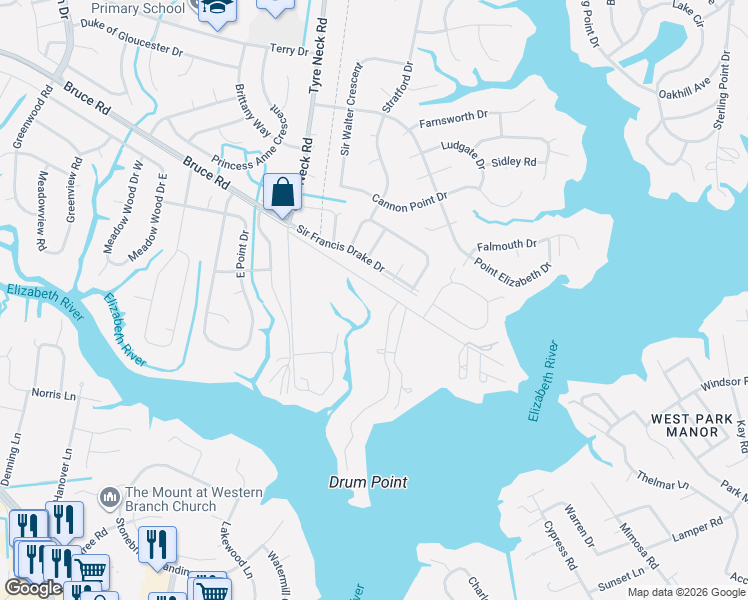 map of restaurants, bars, coffee shops, grocery stores, and more near 3864 Sir Francis Drake Drive in Chesapeake