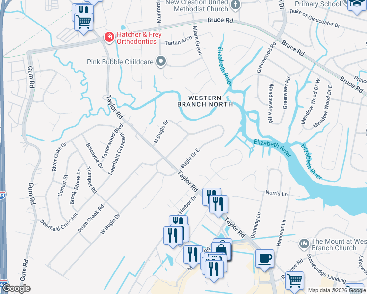 map of restaurants, bars, coffee shops, grocery stores, and more near 2305 Drum Creek Road in Chesapeake