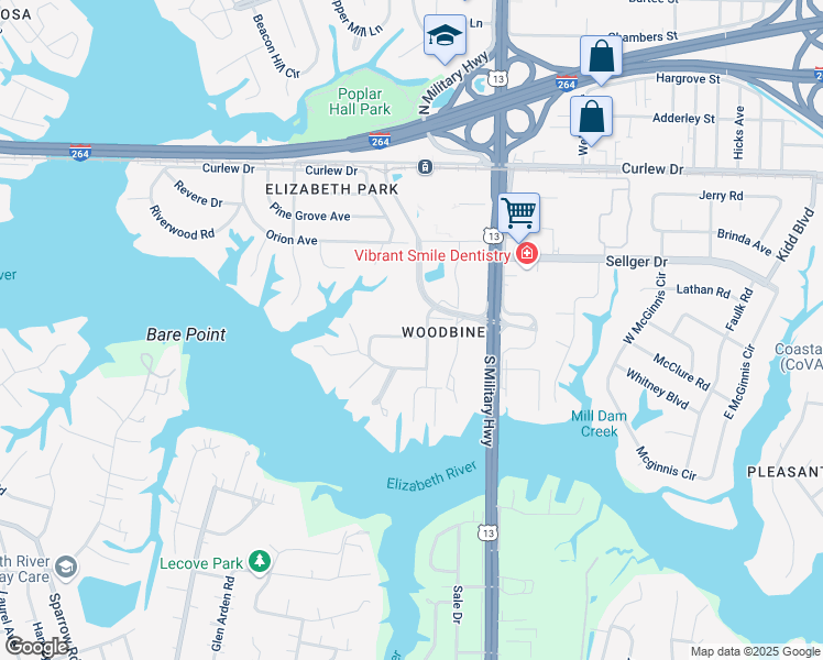 map of restaurants, bars, coffee shops, grocery stores, and more near 5538 Levine Court in Norfolk