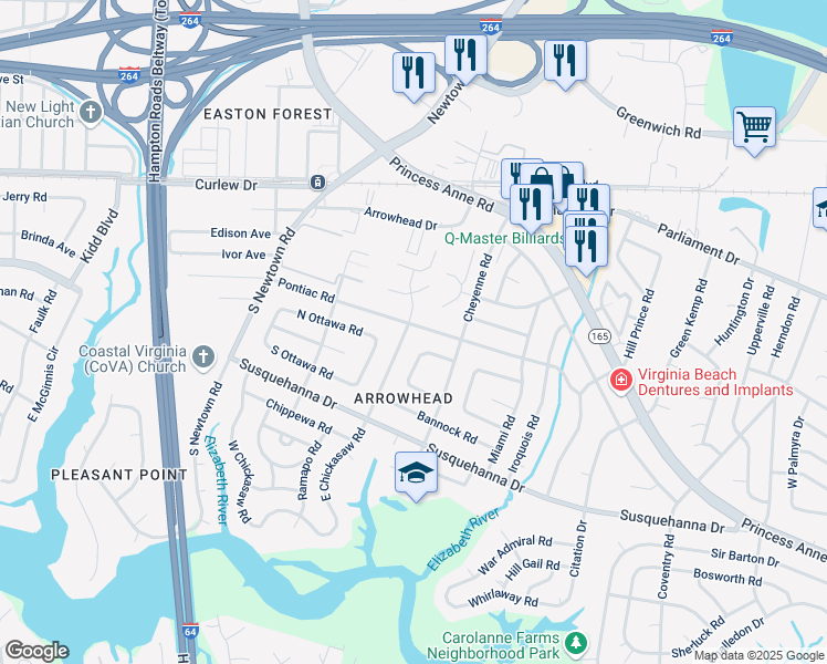map of restaurants, bars, coffee shops, grocery stores, and more near 5725 Pontiac Road in Virginia Beach