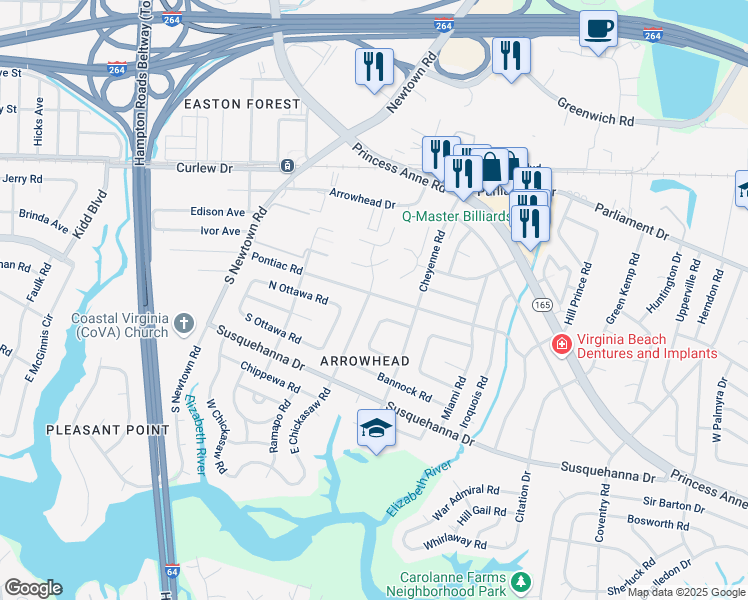 map of restaurants, bars, coffee shops, grocery stores, and more near 5725 Pontiac Road in Virginia Beach