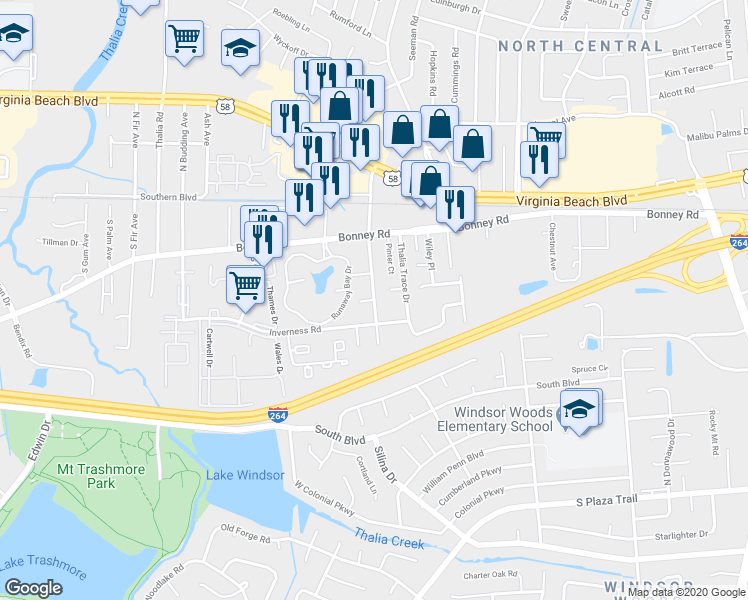 map of restaurants, bars, coffee shops, grocery stores, and more near 3901 Prominence Place in Virginia Beach