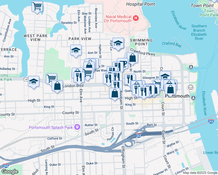 map of restaurants, bars, coffee shops, grocery stores, and more near 850 Virginia 141 in Portsmouth