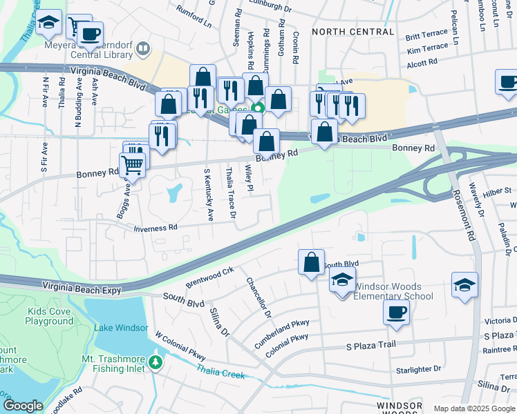 map of restaurants, bars, coffee shops, grocery stores, and more near 282 Thalia Trace Drive in Virginia Beach
