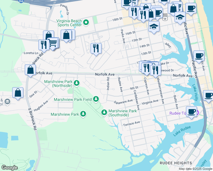 map of restaurants, bars, coffee shops, grocery stores, and more near 1126 Indian Road in Virginia Beach