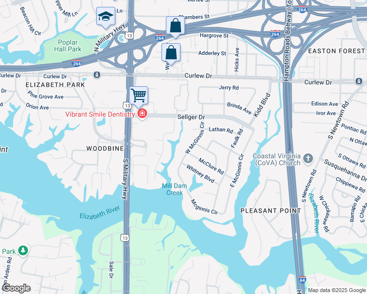 map of restaurants, bars, coffee shops, grocery stores, and more near 218 Pefley Drive in Norfolk