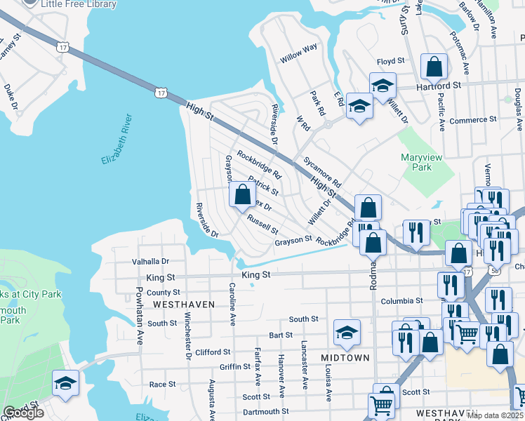 map of restaurants, bars, coffee shops, grocery stores, and more near 419 Sussex Drive in Portsmouth