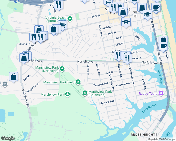 map of restaurants, bars, coffee shops, grocery stores, and more near 1144 Indian Road in Virginia Beach