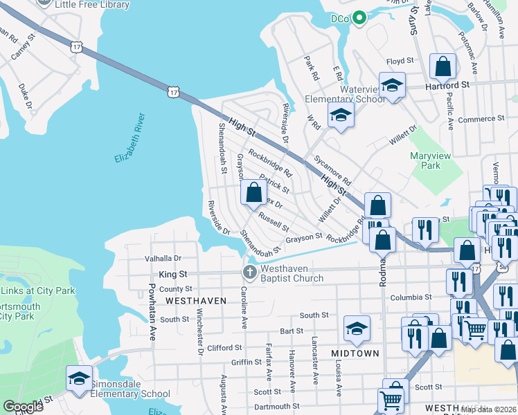 map of restaurants, bars, coffee shops, grocery stores, and more near 426 Sussex Drive in Portsmouth