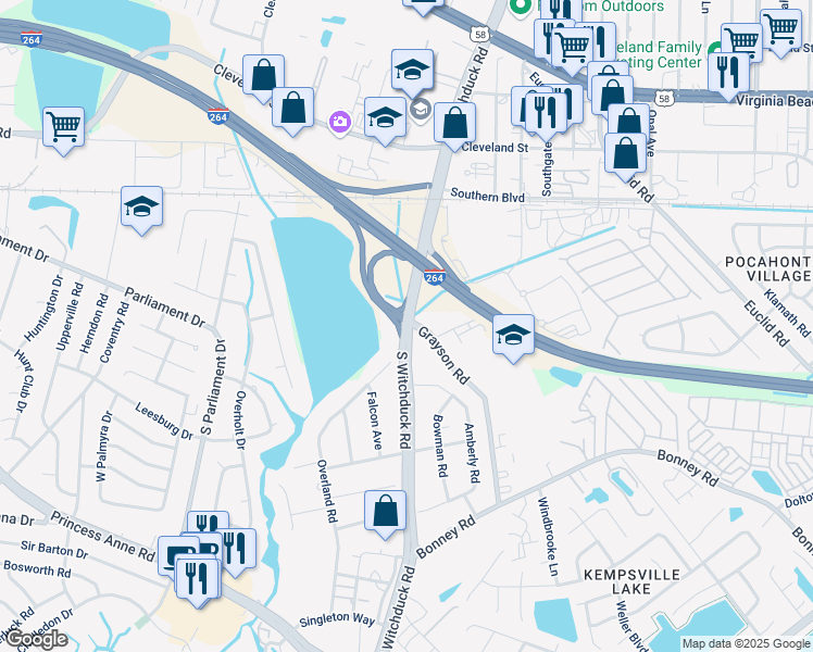 map of restaurants, bars, coffee shops, grocery stores, and more near S Witchduck Rd & Greenwich Rd in Virginia Beach