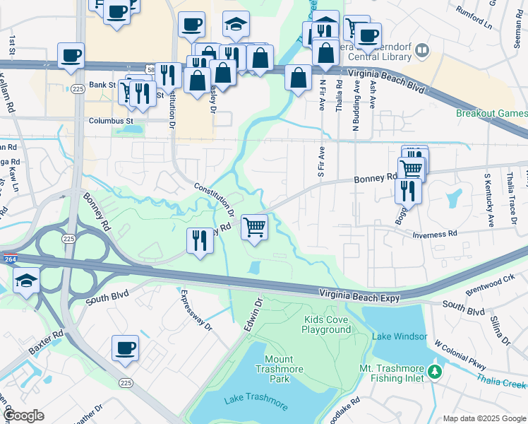 map of restaurants, bars, coffee shops, grocery stores, and more near 4376 Bonney Road in Virginia Beach