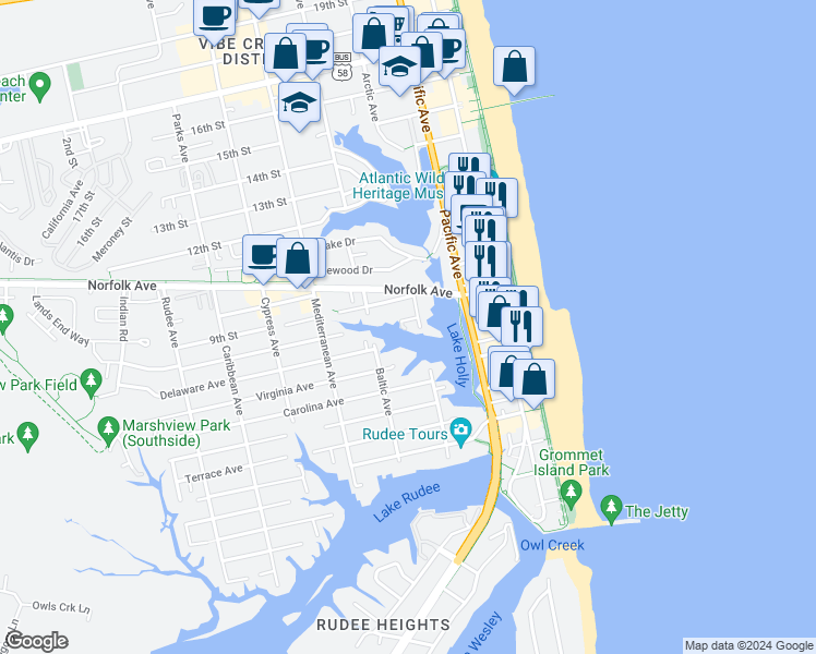 map of restaurants, bars, coffee shops, grocery stores, and more near 401 Erle Crescent in Virginia Beach