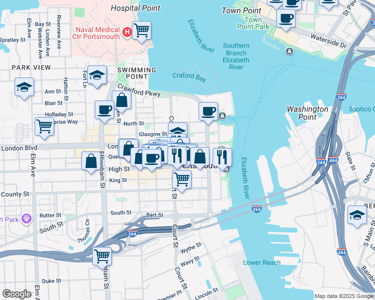 map of restaurants, bars, coffee shops, grocery stores, and more near 339 London Street in Portsmouth