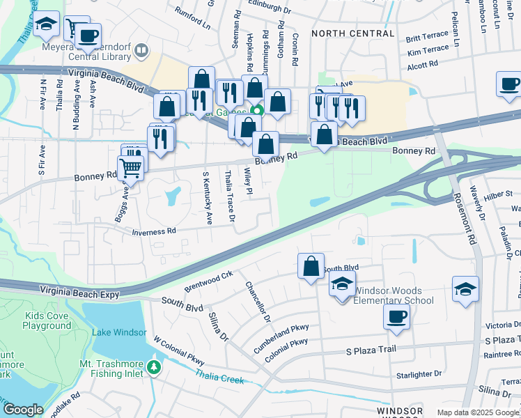 map of restaurants, bars, coffee shops, grocery stores, and more near 282 Thalia Trace Drive in Virginia Beach