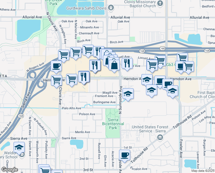 map of restaurants, bars, coffee shops, grocery stores, and more near 386 North Duke Avenue in Clovis