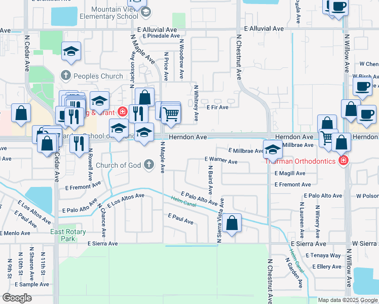 map of restaurants, bars, coffee shops, grocery stores, and more near 6800 North Maple Avenue in Fresno