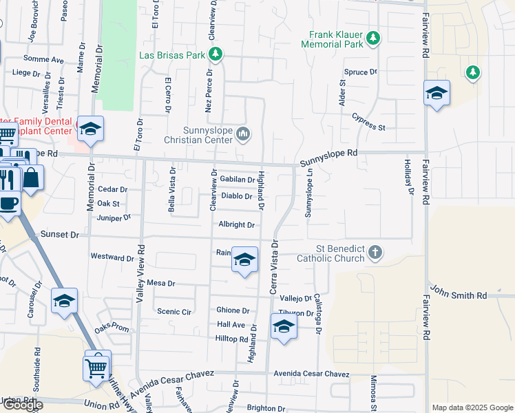 map of restaurants, bars, coffee shops, grocery stores, and more near 1590 Highland Drive in Hollister