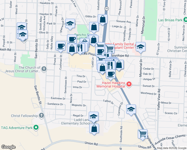 map of restaurants, bars, coffee shops, grocery stores, and more near 1700 Airline Highway in Hollister