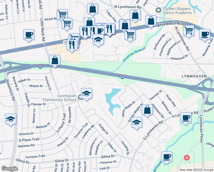 map of restaurants, bars, coffee shops, grocery stores, and more near 124 Golden Maple Drive in Virginia Beach