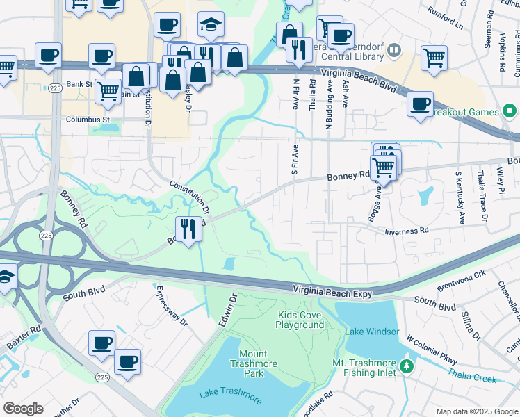 map of restaurants, bars, coffee shops, grocery stores, and more near 4356 Bonney Road in Virginia Beach