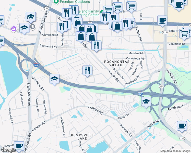 map of restaurants, bars, coffee shops, grocery stores, and more near 160 Holland Drive in Virginia Beach