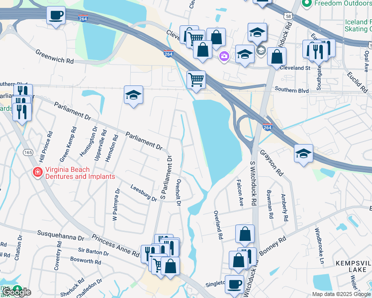 map of restaurants, bars, coffee shops, grocery stores, and more near 200 Overholt Drive in Virginia Beach