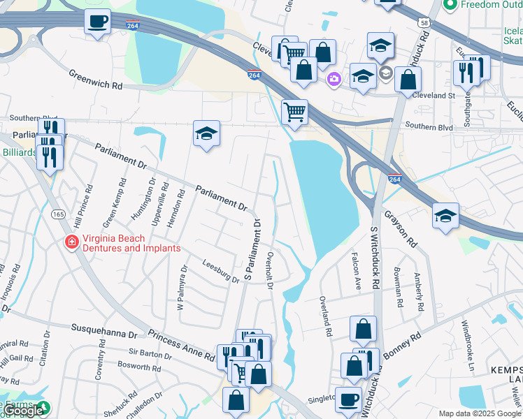 map of restaurants, bars, coffee shops, grocery stores, and more near 144 South Parliament Drive in Virginia Beach