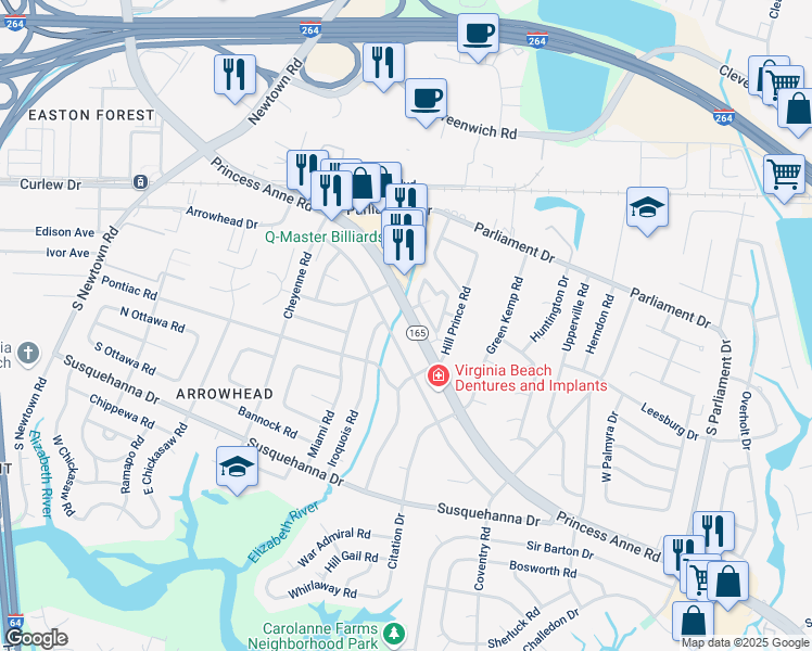 map of restaurants, bars, coffee shops, grocery stores, and more near 5521 Carolanne Terrace in Virginia Beach