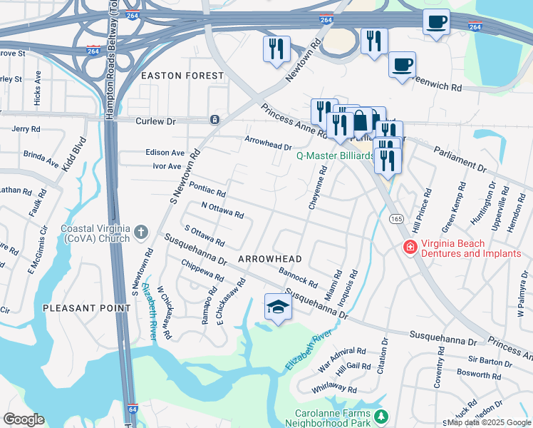 map of restaurants, bars, coffee shops, grocery stores, and more near 5724 Pontiac Road in Virginia Beach