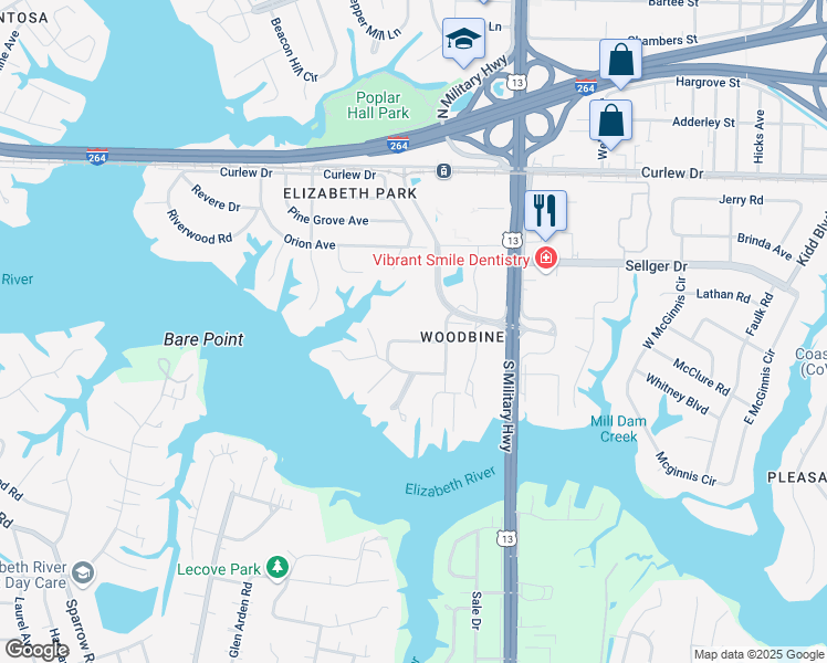 map of restaurants, bars, coffee shops, grocery stores, and more near 5504 Levine Court in Norfolk