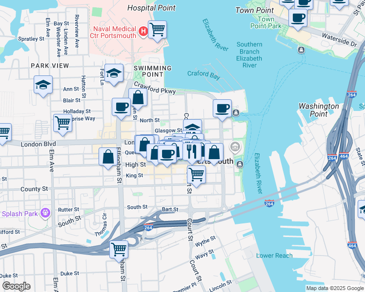 map of restaurants, bars, coffee shops, grocery stores, and more near 420 London Street in Portsmouth