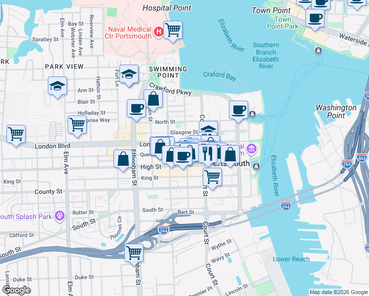 map of restaurants, bars, coffee shops, grocery stores, and more near 420 London Street in Portsmouth