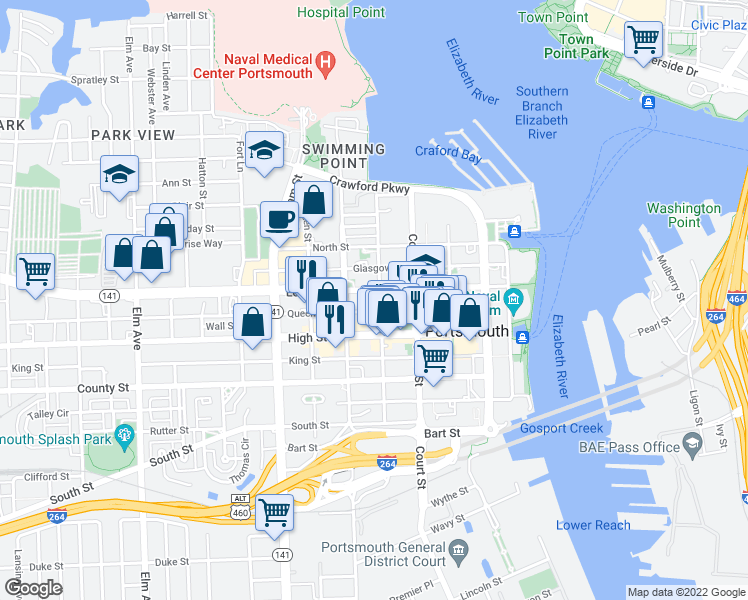 map of restaurants, bars, coffee shops, grocery stores, and more near 420 London Street in Portsmouth
