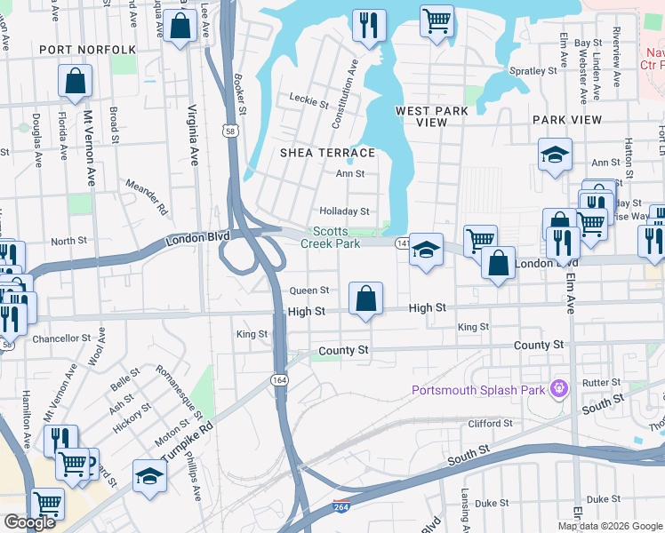 map of restaurants, bars, coffee shops, grocery stores, and more near 406 Jamestown Avenue in Portsmouth