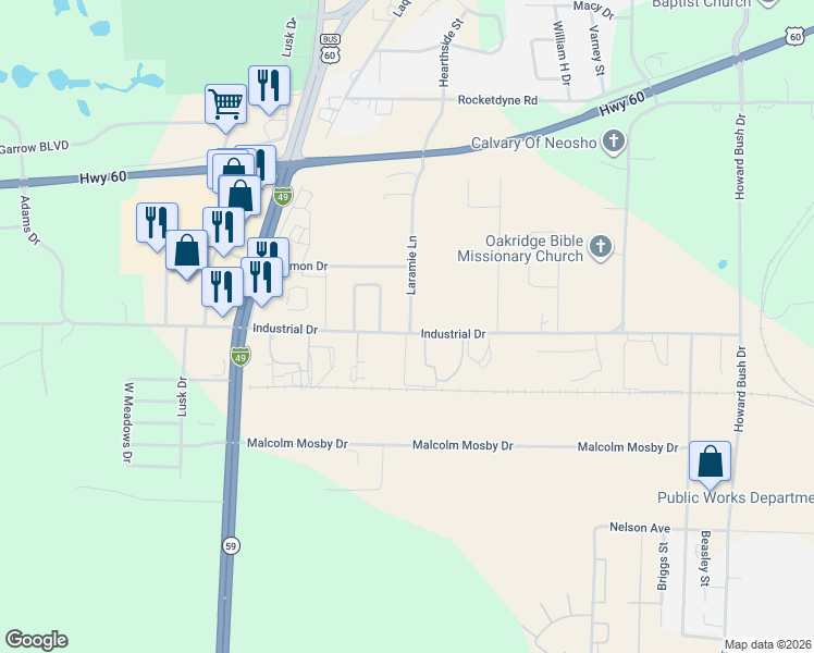map of restaurants, bars, coffee shops, grocery stores, and more near 1400 Industrial Drive in Neosho