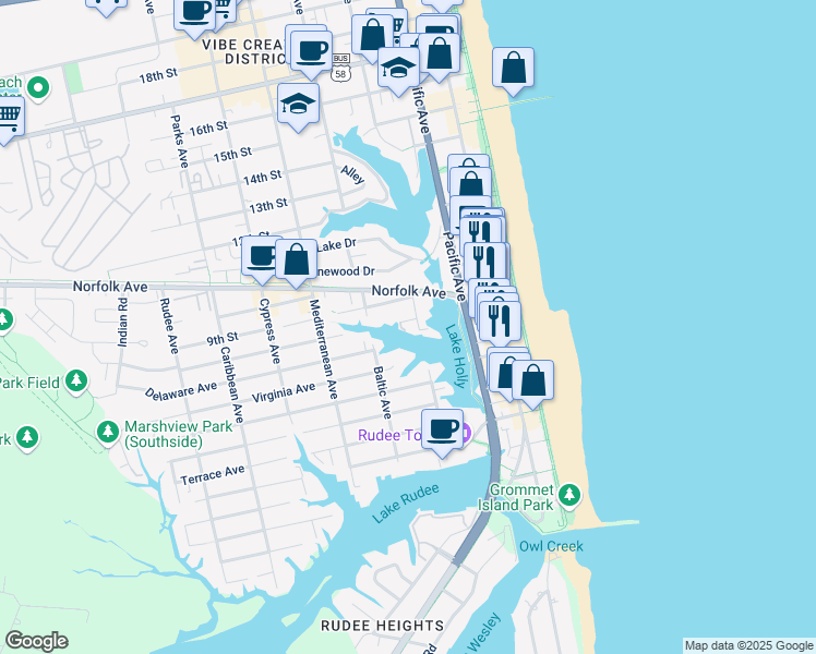 map of restaurants, bars, coffee shops, grocery stores, and more near 817 Arctic Avenue in Virginia Beach