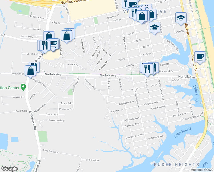 map of restaurants, bars, coffee shops, grocery stores, and more near 1162 Indian Road in Virginia Beach