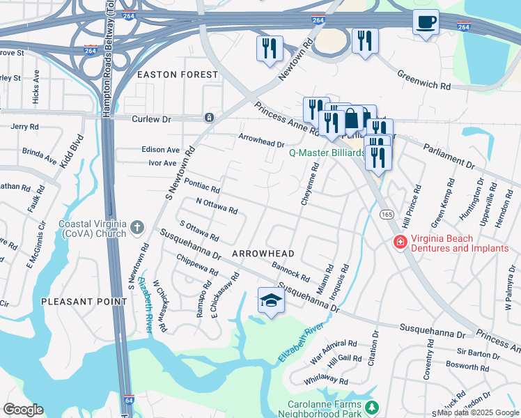 map of restaurants, bars, coffee shops, grocery stores, and more near 5724 Pontiac Road in Virginia Beach