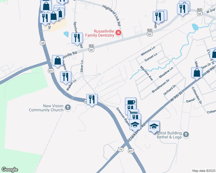 map of restaurants, bars, coffee shops, grocery stores, and more near Logan Estates Lane D in Russellville