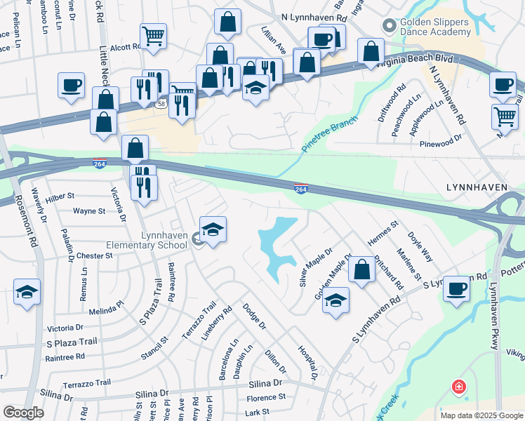 map of restaurants, bars, coffee shops, grocery stores, and more near 124 Golden Maple Drive in Virginia Beach