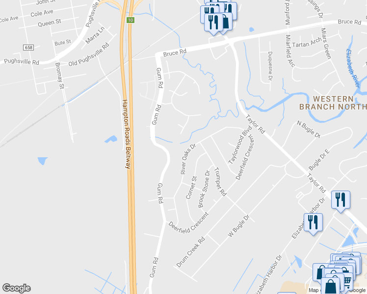 map of restaurants, bars, coffee shops, grocery stores, and more near 2612 River Oaks Drive in Chesapeake