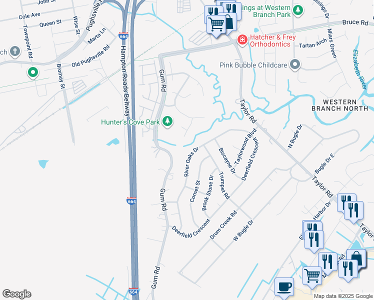 map of restaurants, bars, coffee shops, grocery stores, and more near 2612 River Oaks Drive in Chesapeake