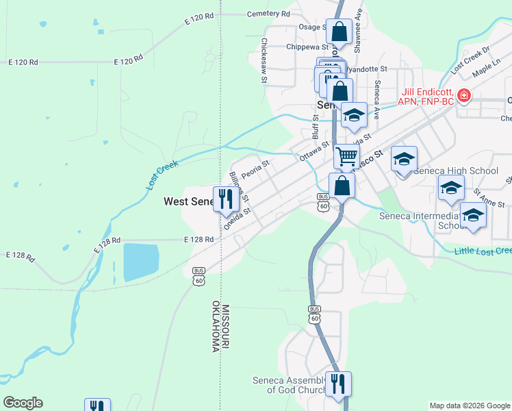 map of restaurants, bars, coffee shops, grocery stores, and more near 317 Oneida Street in Seneca
