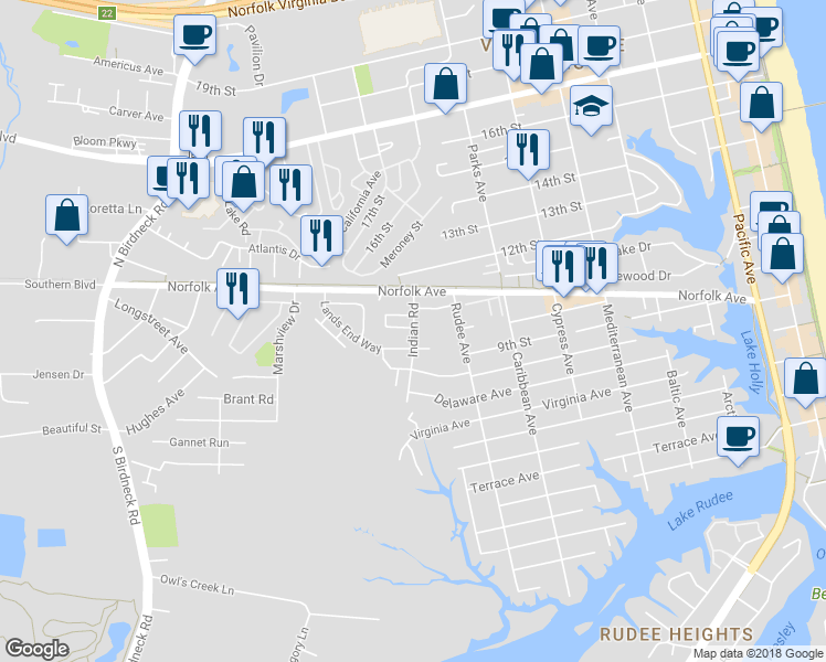 map of restaurants, bars, coffee shops, grocery stores, and more near 1174 Indian Road in Virginia Beach