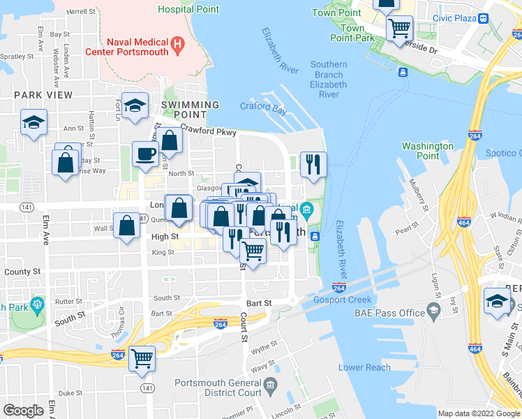 map of restaurants, bars, coffee shops, grocery stores, and more near 337 London Street in Portsmouth