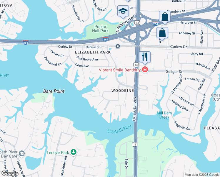 map of restaurants, bars, coffee shops, grocery stores, and more near 5538 Levine Court in Norfolk