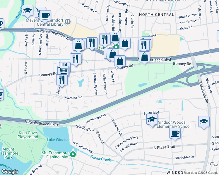 map of restaurants, bars, coffee shops, grocery stores, and more near 3952 Pollypine Drive in Virginia Beach