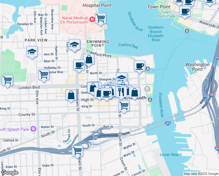 map of restaurants, bars, coffee shops, grocery stores, and more near 420 London Street in Portsmouth